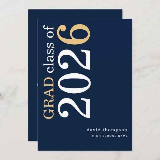 White Gold Text 2026 Navy Blue Graduation  案内状 (正面/裏面)