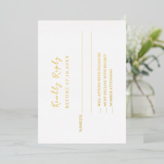 White gold wedding response RSVP foil card 箔招待状 (立ち正面)