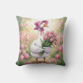 White Goose With Pink Tulips クッション (正面)