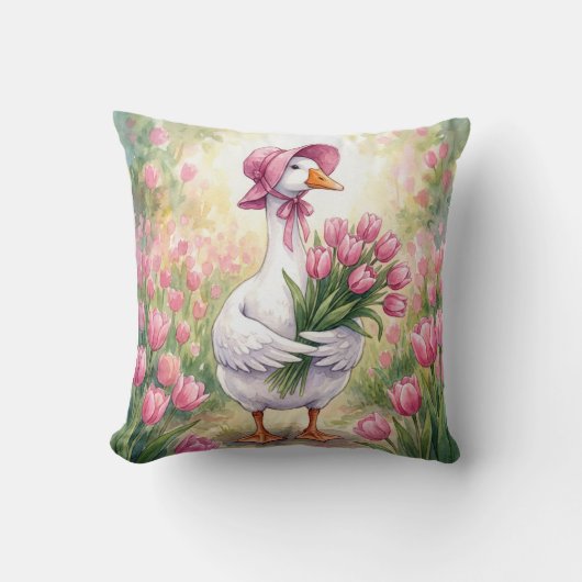 White Goose With Pink Tulips クッション (正面)