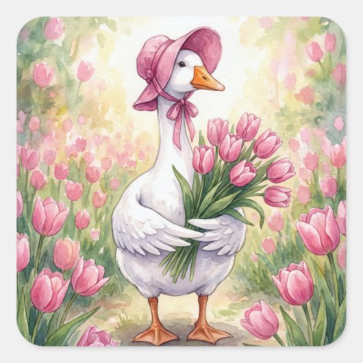 White Goose With Pink Tulips スクエアシール (正面)