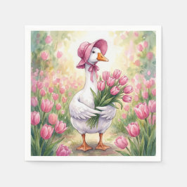 White Goose With Pink Tulips スタンダードカクテルナプキン
