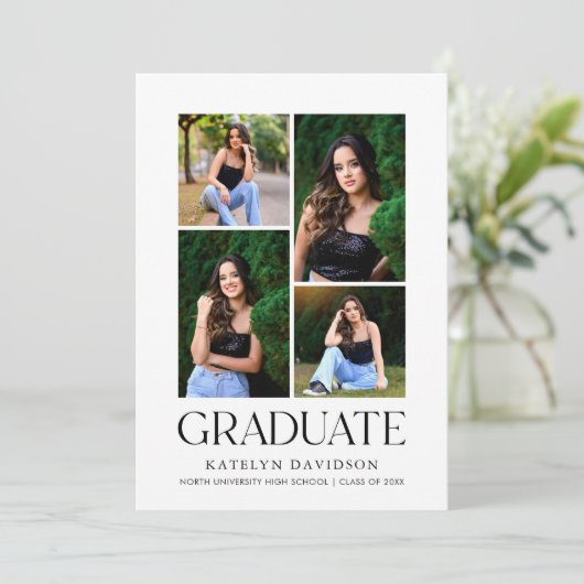 White Graduate Four Photo Collage Black Grad Party 招待状 (スタンド正面)