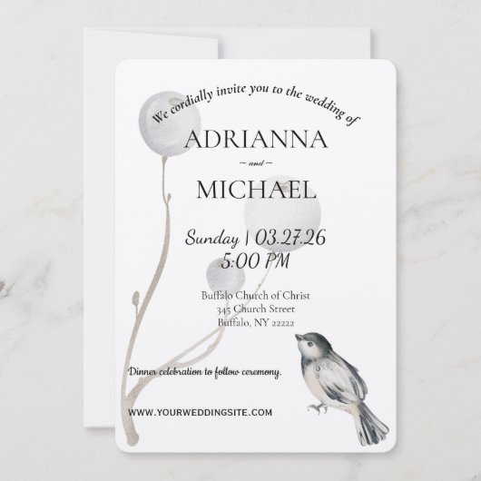 White, Gray, Bird Rustic Wedding Invitation 招待状 (正面)