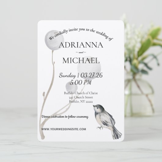 White, Gray, Bird Rustic Wedding Invitation 招待状 (スタンド正面)