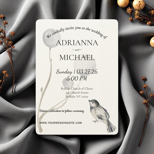 White, Gray, Bird Rustic Wedding Invitation 招待状
