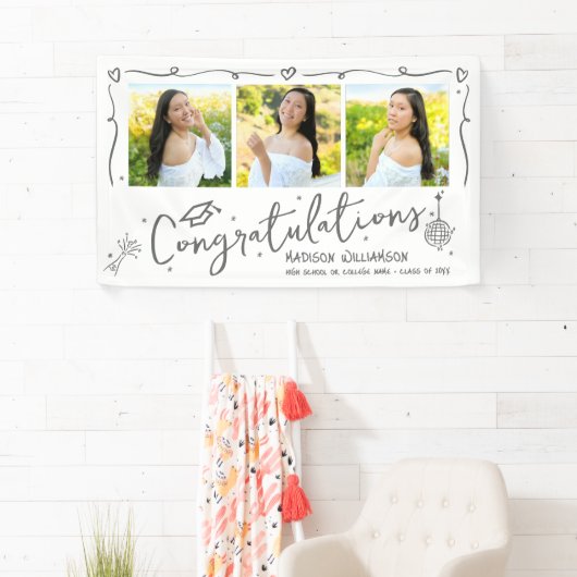 White Gray Hand Drawn Doodles Graduation 3 Photo 横断幕 (インサイチュ)