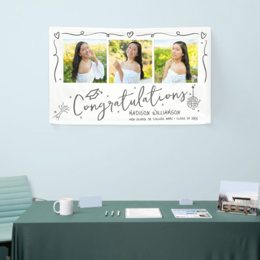 White Gray Hand Drawn Doodles Graduation 3 Photo 横断幕 (トレードショー)