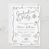 White Gray Hand Drawn Doodles Graduation Fun Party 招待状 (正面)