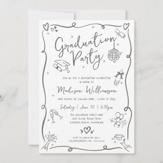 White Gray Hand Drawn Doodles Graduation Fun Party 招待状 (正面)