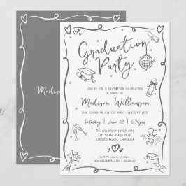 White Gray Hand Drawn Doodles Graduation Fun Party 招待状