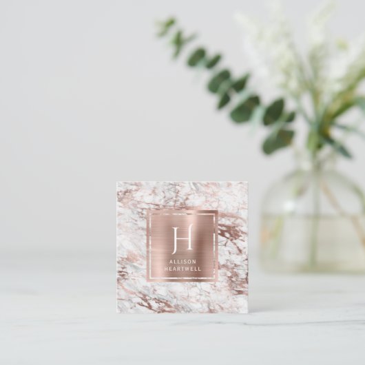 White Gray Marble Rose Gold Brushed Foil Monogram スクエア名刺 (スタンド正面)