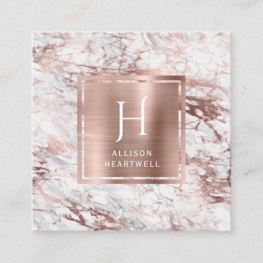 White Gray Marble Rose Gold Brushed Foil Monogram スクエア名刺 (正面)