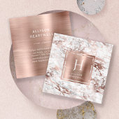 White Gray Marble Rose Gold Brushed Foil Monogram スクエア名刺