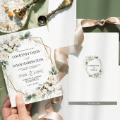 White Green Floral Gold Geometric Wedding 招待状