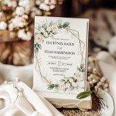 White Green Floral Gold Geometric Wedding 招待状