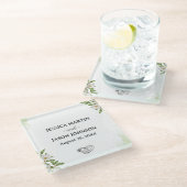 White Green Floral Watercolor Wedding  ガラスコースター (アングル)