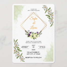 White & Green Floral Watercolor Wedding Invitation 招待状