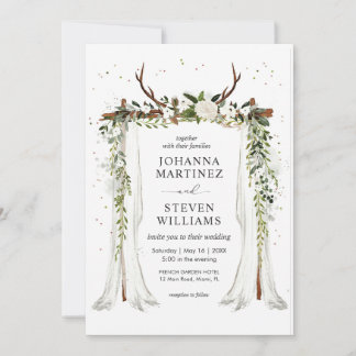 White Green Fowers Deer Antler Canopy Wedding 招待状