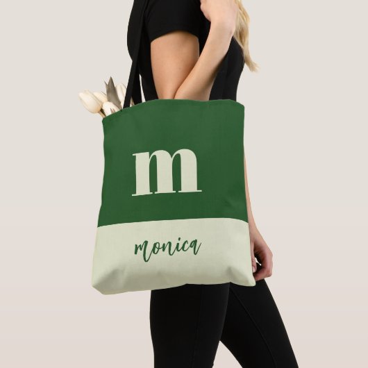 White & green initial personalized tote bag トートバッグ (クローズアップ)
