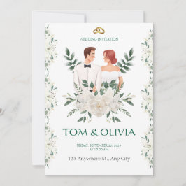 White & Green Minimalist Floral Wedding Invitation 招待状