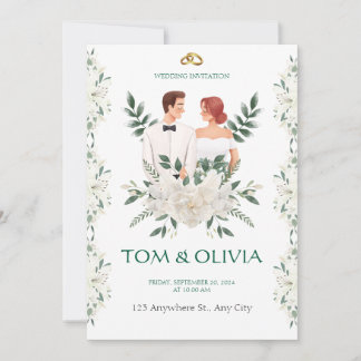 White & Green Minimalist Floral Wedding Invitation 招待状