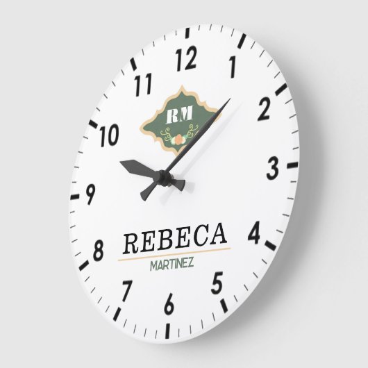 White Green Monogram Crest Luxury Gift ラージ壁時計 (傾斜)