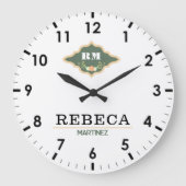 White Green Monogram Crest Luxury Gift ラージ壁時計 (正面)