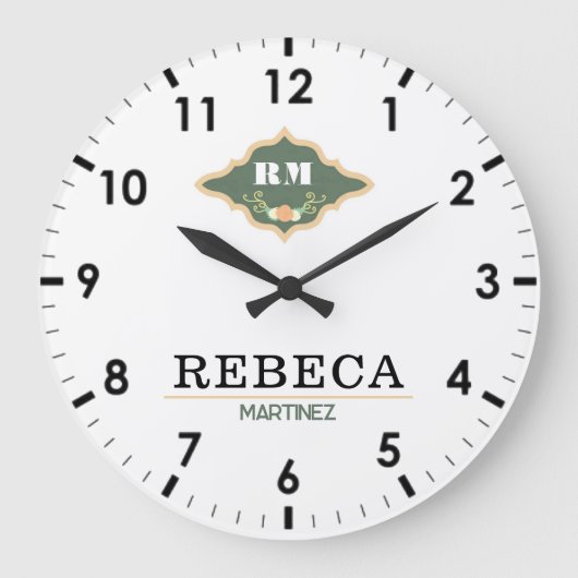 White Green Monogram Crest Luxury Gift ラージ壁時計 (正面)