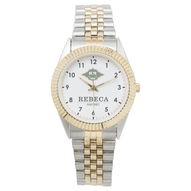 White Green Monogram Crest Luxury Gift 腕時計 (正面)