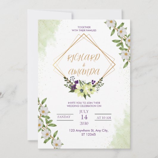 White & Green Watercolor Floral Wedding Invitation 招待状 (正面)