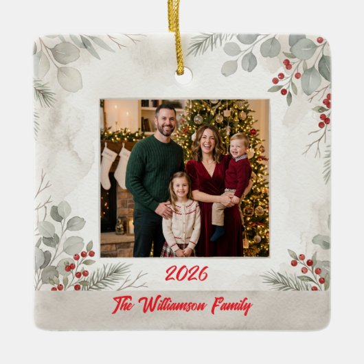 White Greenery Family Photo Christmas Ceramic セラミックオーナメント (正面)