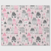 White Grey Christmas Houses on Pink ラッピングペーパー (フラット)