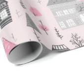 White Grey Christmas Houses on Pink ラッピングペーパー (ロールコーナー)