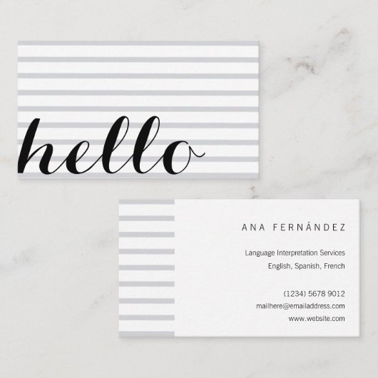 White grey simple elegant minimalist "hello" card 名刺 (正面/裏面)
