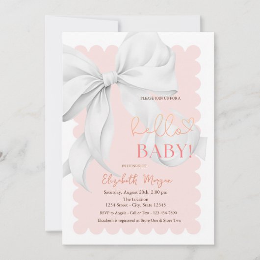 White Hand Drawn Bow Elegant Frame Pink Stripes 招待状 (正面)