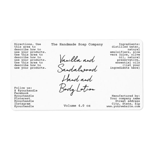 White Handwritten Look Cosmetics Bottle Label ラベル (正面)