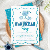 White Hanukkah Turquoise Typography Doodle Party 招待状