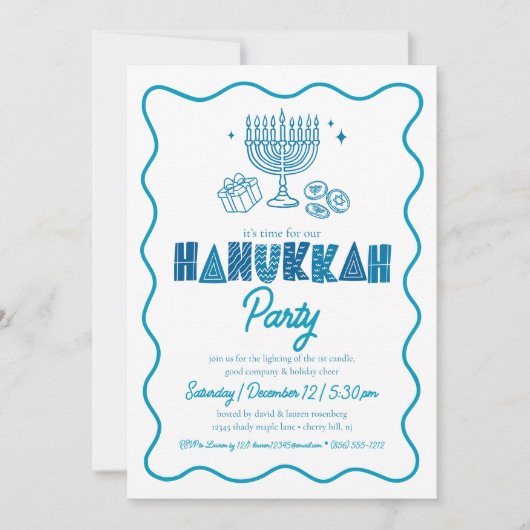 White Hanukkah Turquoise Typography Doodle Party 招待状 (正面)