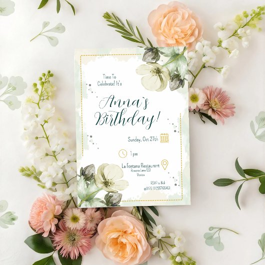 White Hellebore Watercolour Florals Birthday 招待状