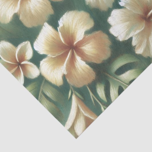 White Hibiscus Flowers Green Tropical Decoupage 薄葉紙 (詳細)