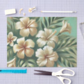 White Hibiscus Flowers Green Tropical Decoupage 薄葉紙 (クラフト)