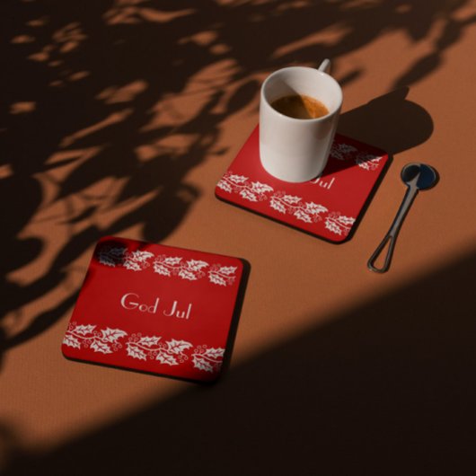 white hollies in red - God Jul スクエアペーパーコースター