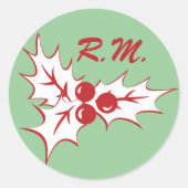 White Holly Leaves Custom Initials Holiday Sticker ラウンドシール (正面)