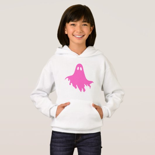 White Hoodie with Pink Ghost – Cute & Cozy Graphic (正面フル)
