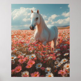 White Horse Amid Blossoming Meadow  ポスター