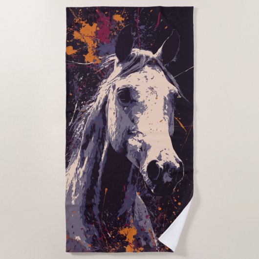 White Horse Art – Modern Paint Splash Design ビーチタオル (正面)