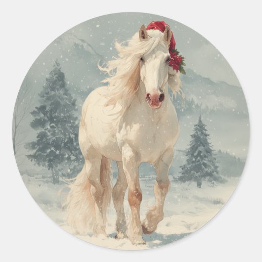 White Horse Christmas Sticker ラウンドシール (正面)