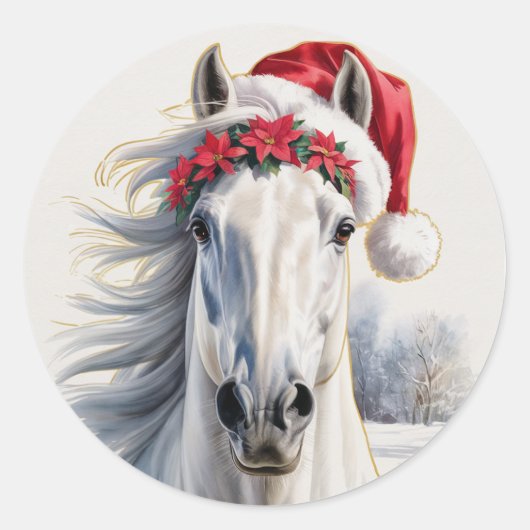White Horse Christmas Sticker ラウンドシール (正面)