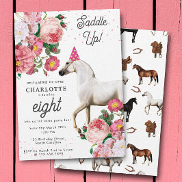 White Horse Pink Floral Girl Cowgirl Birthday 招待状
